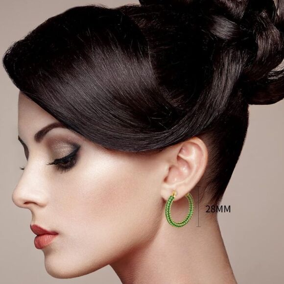 14K Yellow Gold Sterling Silver with Emerald Green Cubic Zirconia Hoop Earrings - Picture 5 of 7